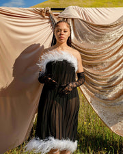 The EVA strapless dress evokes old Hollywood glam, crafted with a luxurious feather trim, sheer chiffon & pleated detailing.