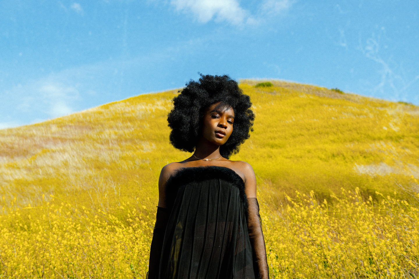 Black female model posing on a grassy hill wearing the EVE fur trim dress by SHOLAYIDÉ