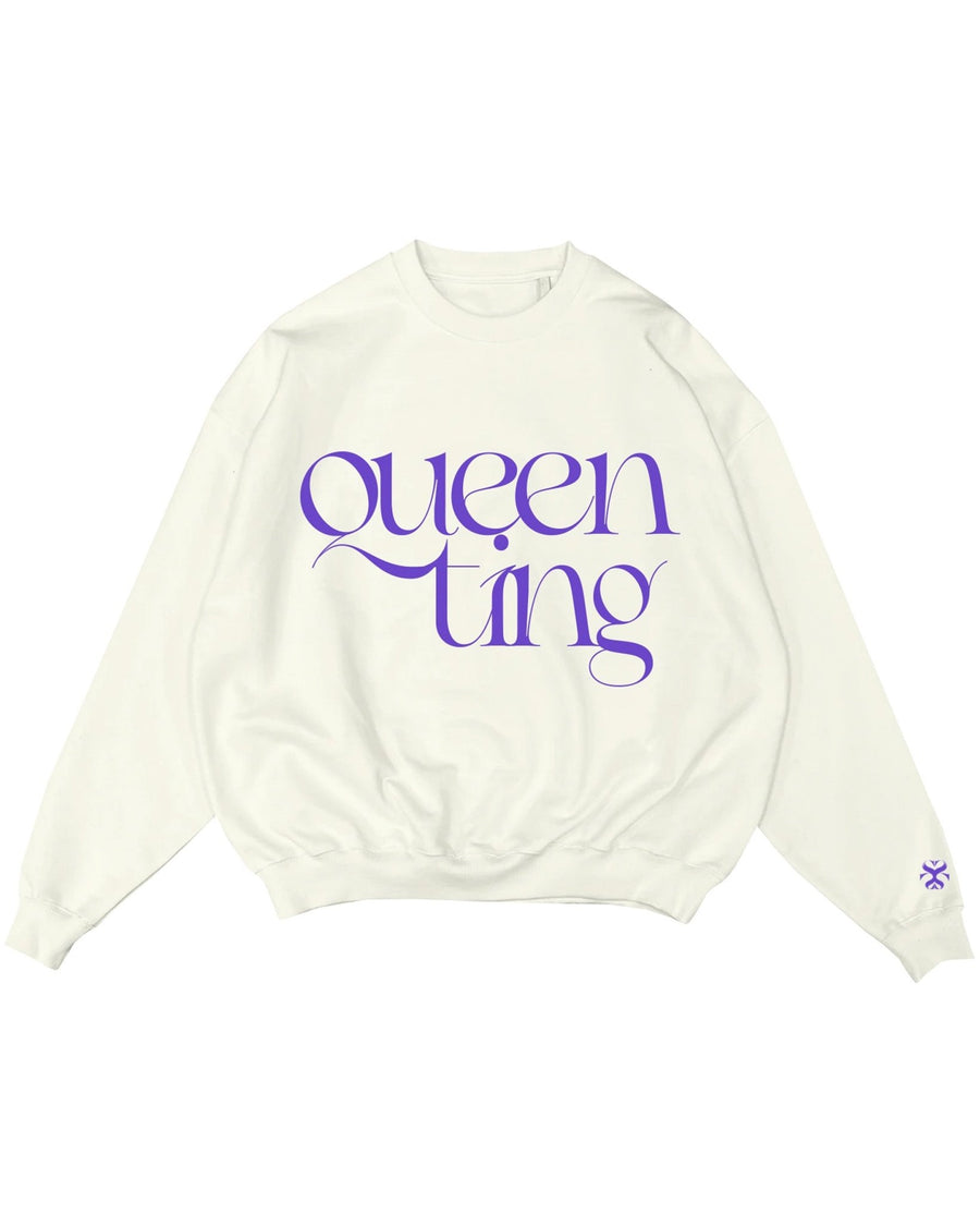 Our QUEEN cotton sweatshirt features an embroidered, wavy design of 